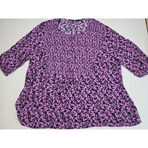 Lilla Popken Peasant Top Womens 20/22 Purple & Black Floral Print Blouse Boho